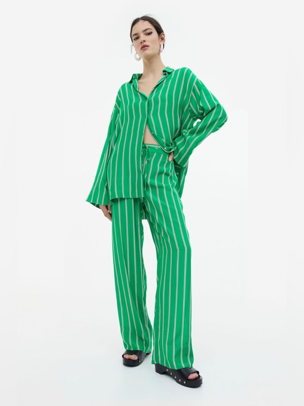 H&M Green Striped Oversized Button-Up Shirt & Pants Matching Set